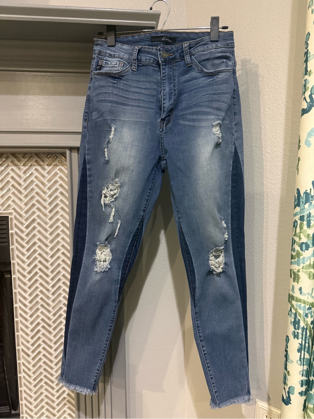 KanCan Two-Tone Distressed Skinny Jeans in Light and Dark Blue